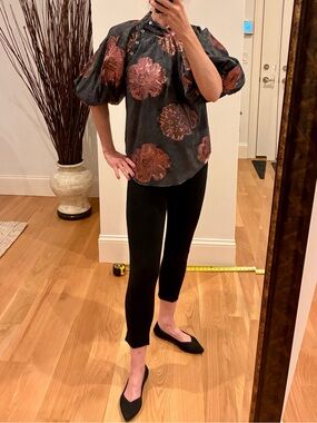 Black Puff Sleeve Blouse with Copper Floral Print
